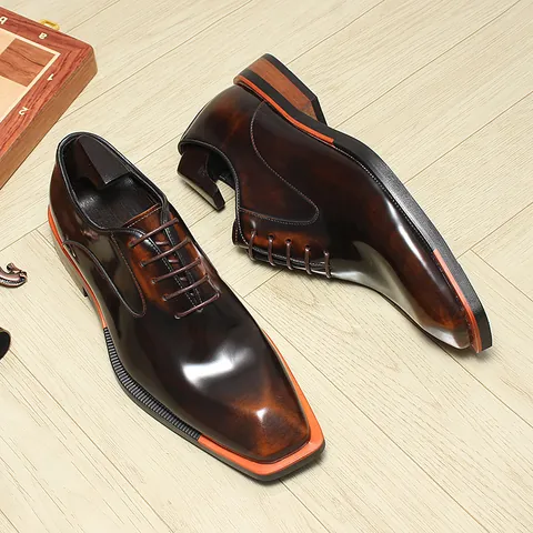 Genuine Cowhide Leather Men's Oxford Formal Shoes Glossy Patina Square Toe Business Dress Shoes With Orange Sole Trim Wedding