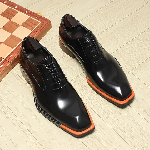 Genuine Cowhide Leather Men's Oxford Formal Shoes Glossy Patina Square Toe Business Dress Shoes With Orange Sole Trim Wedding