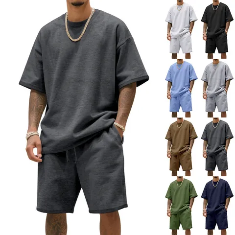 Men Summer Heavyweight French Terry Casual Sports Set Loose Fit Short Sleeve Top And Bottom Trendy Streetwear Outfits