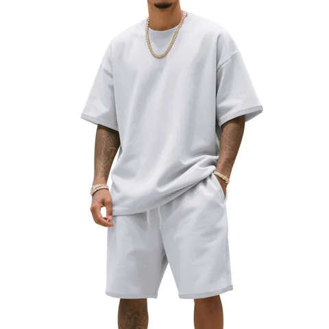 Men's American High Street Heavy French Terry Sportswear Outfit Oversized Drop Shoulder Short Sleeve T-Shirt And Shorts Set Top And Bottom