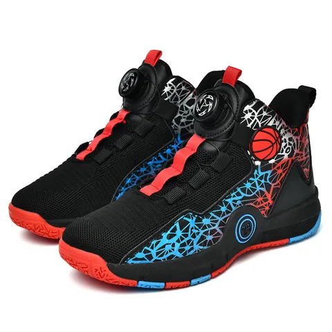 High Top Basketball Shoes For Boys Teens Rotating Buckle Synthetic Leather Breathable Mesh Sport Sneakers Outdoor Athletic Shoes