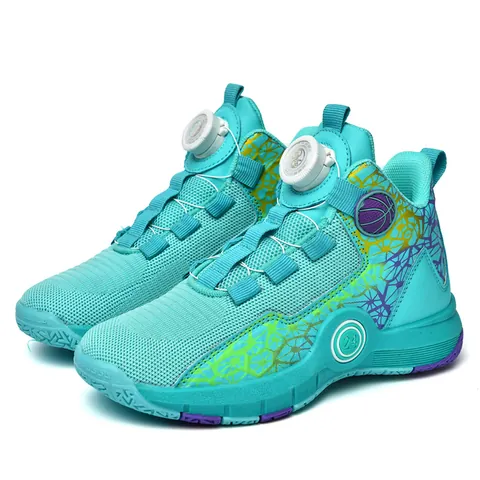 High Top Basketball Shoes For Boys Teens Rotating Buckle Synthetic Leather Breathable Mesh Sport Sneakers Outdoor Athletic Shoes