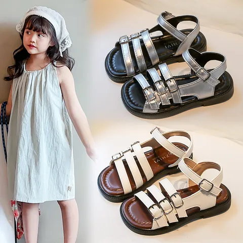 Girls Roman Gladiator Sandals Summer 2025 New Hollow Out Beach Shoes Open Toe Multi Buckle Non-Slip Artificial Leather