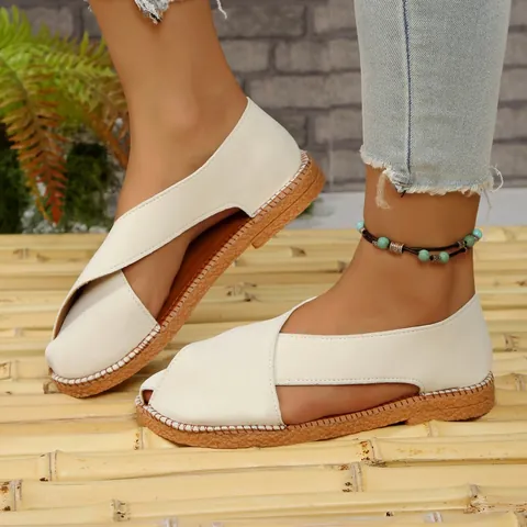 Women Retro Roman Sandals PU Leather Closed Toe Hollow Out Slip On Flat Sandals Comfortable Casual Beach Walking Shoes