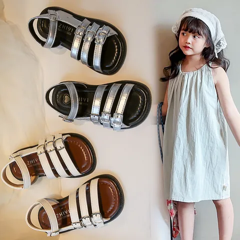 Girls Roman Gladiator Sandals Summer 2025 New Hollow Out Beach Shoes Open Toe Multi Buckle Non-Slip Artificial Leather