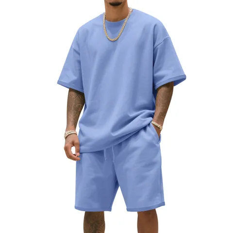 Men Summer Terry Set Short Sleeve T-Shirt And Shorts Heavyweight Loose Fit High Street Hip Hop Sports Outfit Top And Bottom