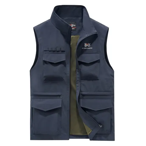 Men's Outdoor Casual Cargo Vest Lightweight Breathable Mesh Lining Multi-Pocket Stand Collar Polyester Waistcoat For Fishing Camping Top