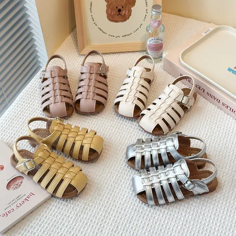 Kids Roman Sandals Synthetic Leather Hollow Woven Soft Sole Closed Toe Summer Beach Korean Style Retro Toddler Girls Boys Shoes