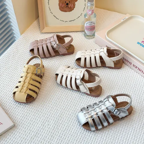 Kids Roman Sandals Synthetic Leather Hollow Woven Soft Sole Closed Toe Summer Beach Korean Style Retro Toddler Girls Boys Shoes