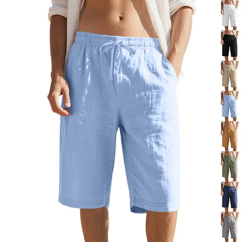 Men Summer Linen Shorts Casual Beach Loose Straight Capri Pants Lightweight Breathable Drawstring Elastic Waist Bottoms