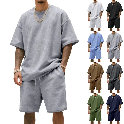 Men Summer Terry Set Short Sleeve T-Shirt And Shorts Heavyweight Loose Fit High Street Hip Hop Sports Outfit Top And Bottom