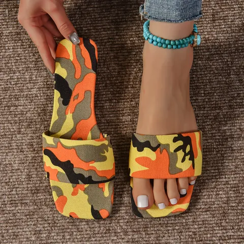 Women's Camouflage Print Flat Slides Sandals Open Toe Beach Slippers Square Toe Lightweight Outdoor Fashion Footwear