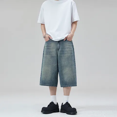 Men's American Retro Loose Wide Leg Denim Jorts Washed Straight Seven-Point Jeans Streetwear Baggy Casual Denim Shorts