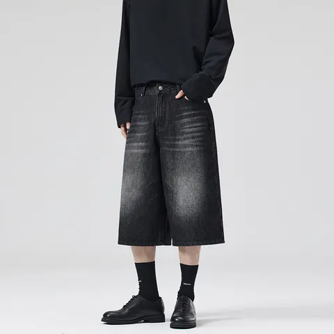 Men's American Retro Loose Wide Leg Denim Jorts Washed Straight Seven-Point Jeans Streetwear Baggy Casual Denim Shorts