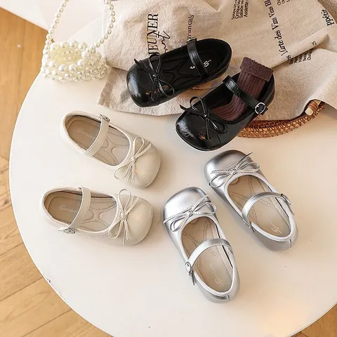 Girls Bow Mary Jane Princess Shoes Korean Style PU Leather Flat Shoes Comfortable Buckle Kids Leather Shoes For Spring Wedding Party