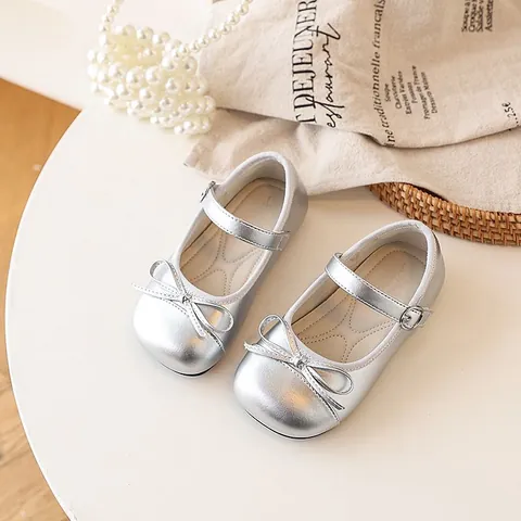 Girls Bow Mary Jane Princess Shoes Korean Style PU Leather Flat Shoes Comfortable Buckle Kids Leather Shoes For Spring Wedding Party