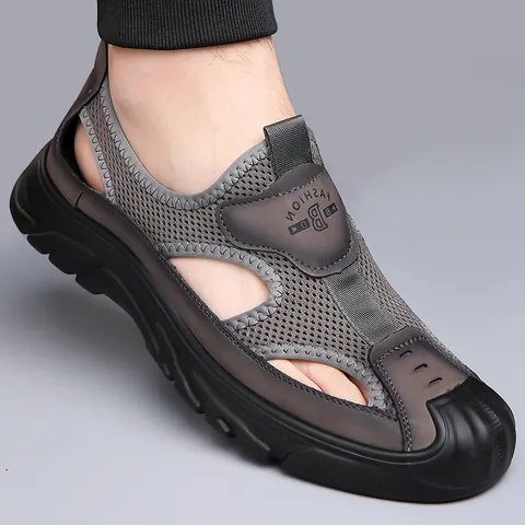 Men's Cowhide Flyknit Sandals Summer Hollow Breathable Beach Shoes Closed Toe Soft Sole Casual Outdoor Sandals For Men