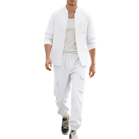 Heren Casual Linnen Top And Bottom Opstaande Kraag Overhemd Met Lange Mouwen En Cargo Broek Met Meerdere Zakken