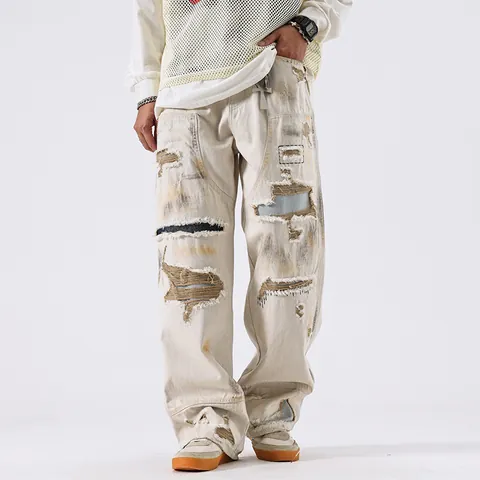 American Vintage Baggy Jeans Men Distressed Patchwork Carpenter Pants High Street Loose Fit Straight Leg Cotton Denim Trousers