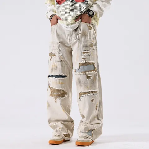 American Vintage Baggy Jeans Men Distressed Patchwork Carpenter Pants High Street Loose Fit Straight Leg Cotton Denim Trousers
