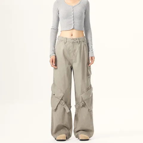 American Retro High Street Wide Leg Cargo Pants For Women Men Multi Pocket Deconstructed Straps Loose Bottoms