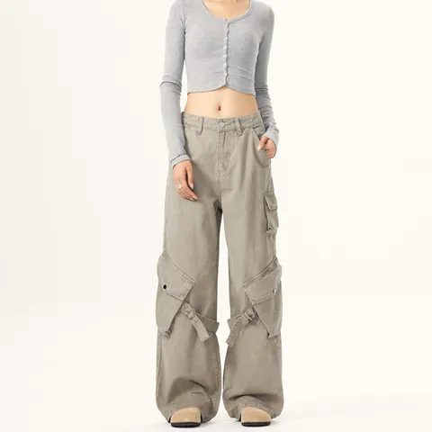 American Retro High Street Wide Leg Cargo Pants For Women Men Multi Pocket Deconstructed Straps Loose Bottoms