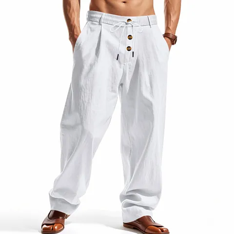 Men's Linen Casual Pants Breathable Linen Polyester Blend Trousers Loose Fit Straight Leg Lightweight Summer Beach Bottoms
