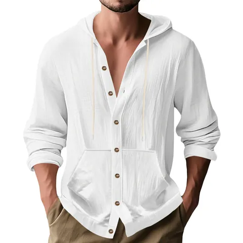 Men's Casual Linen Hooded Shirt Long Sleeve Loose Fit Beach Top With Kangaroo Pocket American Retro Style Plain Shirt