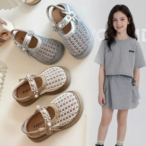 Girls Mesh Mary Jane Sandals Elegant French Breathable Slip-On Thick Sole Shoes With Pearl Rhinestone Flower Bowknot For Kids