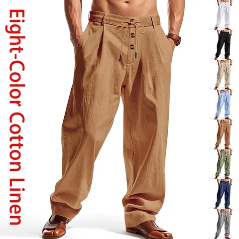 Men's Linen Casual Pants Breathable Linen Polyester Blend Trousers Loose Fit Straight Leg Lightweight Summer Beach Bottoms