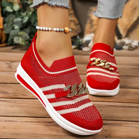Women's Casual Fly-knit Mesh Wedge Shoes Hollow Out Color-Block Striped Sneakers With Metal Chain For Everyday Comfort