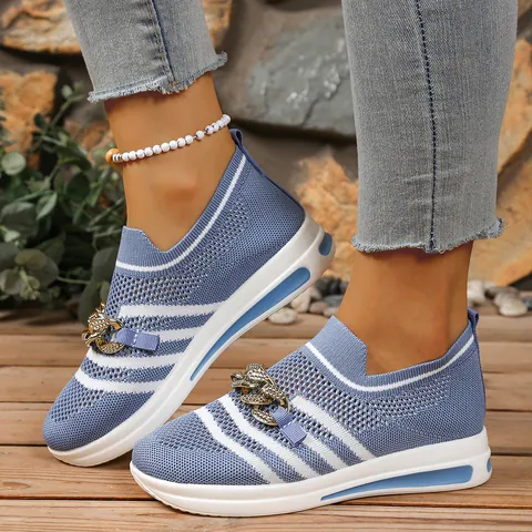 Women's Casual Fly-knit Mesh Wedge Shoes Hollow Out Color-Block Striped Sneakers With Metal Chain For Everyday Comfort