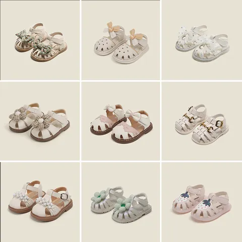 Sandales Premiers Pas pour Bébé Fille Chaussures de Princesse à Bout Fermé Avec Nœud Floral Cuir Microfibre Sandales d'Été