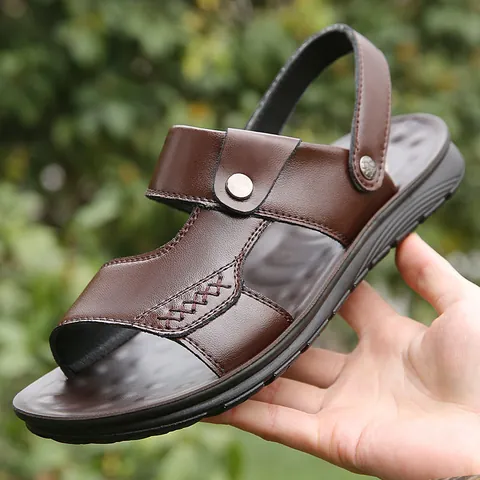 Sandalias de Cuero Genuino para Hombre Transpirables de Doble Uso Zapatos de Playa Antideslizantes Pantuflas Casuales de Cuero para Conducir