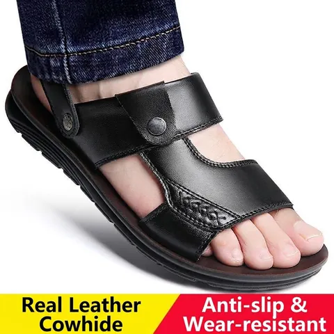 Sandalias de Cuero Genuino para Hombre Transpirables de Doble Uso Zapatos de Playa Antideslizantes Pantuflas Casuales de Cuero para Conducir