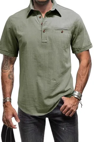 Men Summer Cotton Polo Shirt Short Sleeve Classic Lapel Button Down Casual Top With Chest Pocket Linen Texture Shirt