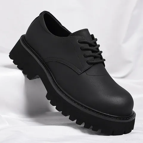 Men American High Street Black Derby Shoes Vintage Chunky Sole Matte Regenerated Leather Lace Up Non-Slip Casual Dress Shoes