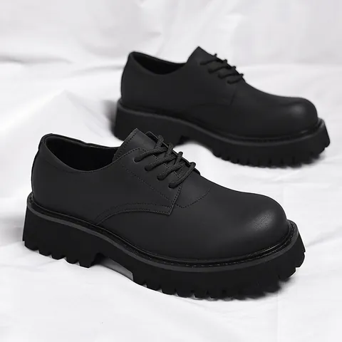 Men American High Street Black Derby Shoes Vintage Chunky Sole Matte Regenerated Leather Lace Up Non-Slip Casual Dress Shoes