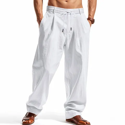 Men's Casual Linen Pants Loose Wide Leg Trousers Drawstring Elastic Waist Beach Sport Straight Pants Linen Blend