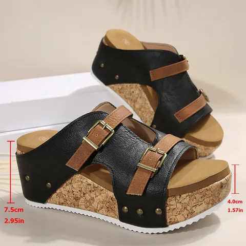 Women's Wedge Sandals Bovine Leather Upper Double Buckle Thick Sole Cork Texture Beach Vacation Platform Slide Sandals