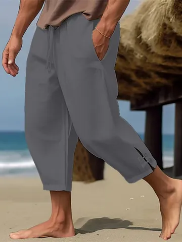 Men's Casual Cotton Linen Ankle Length Beach Pants Summer Loose Drawstring Waist Trousers With Pockets Solid Color Male Bottoms