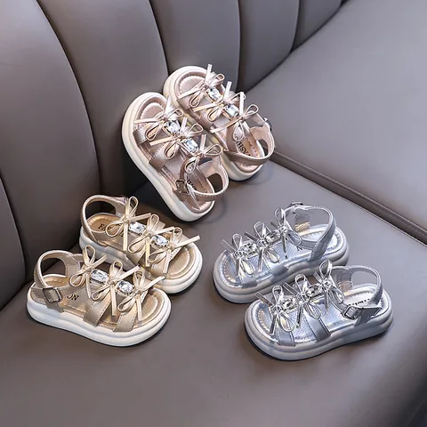 Girls Princess Sandals Summer Rhinestone Bow Kids Dress Shoes Sparkling Performance Dance Sandals For Little Big Kids