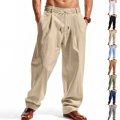 Men's Casual Linen Pants Loose Wide Leg Trousers Drawstring Elastic Waist Beach Sport Straight Pants Linen Blend