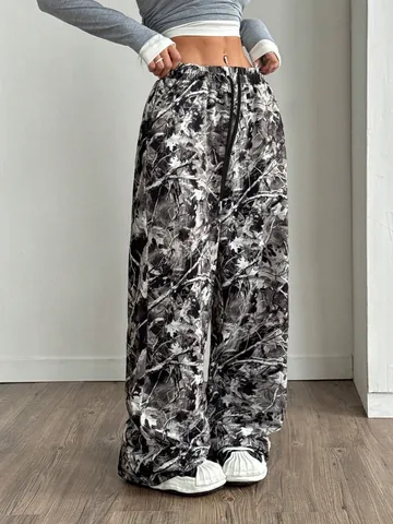 Damen Blatt Camouflage Druck Weites Bein Sporthose Hohe Taille Lässige Kordelzug Lounge Hose Khaki Grau Polyester Unterteil