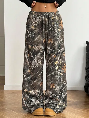 Damen Blatt Camouflage Druck Weites Bein Sporthose Hohe Taille Lässige Kordelzug Lounge Hose Khaki Grau Polyester Unterteil