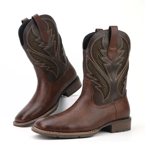 Men Vintage Western Cowboy Boots PU Leather Embroidered Cut-out Mid-calf Boots Retro Square Heel Western Fashion Men Footwear