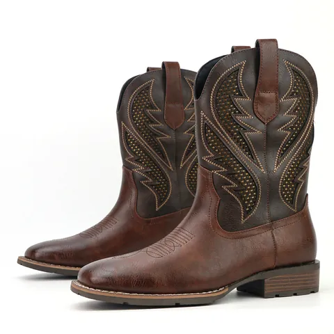 Men Vintage Western Cowboy Boots PU Leather Embroidered Cut-out Mid-calf Boots Retro Square Heel Western Fashion Men Footwear
