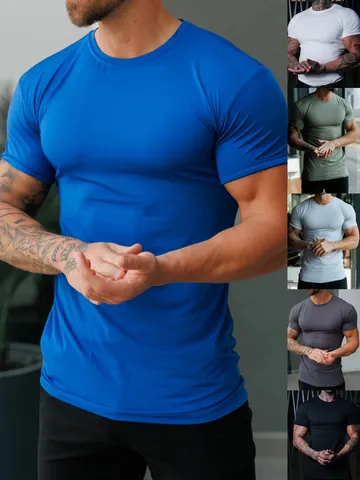 Men's Fitness T-Shirt High Elastic Milk Silk Slim Fit Sportswear Short Sleeve Crew Neck Running Training Gym Top