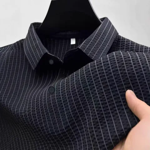 Men Business Casual Polo Shirt High Elasticity Non-Iron Nylon Jacquard Seersucker Striped Short Sleeve Top For Summer