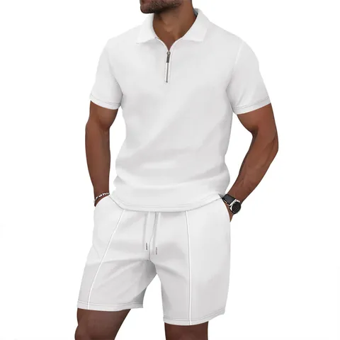 Men Summer Waffle Knit Short Sleeve Polo Shirt And Shorts Top And Bottom Casual Solid Color Zipper Lapel Two Piece Outfit